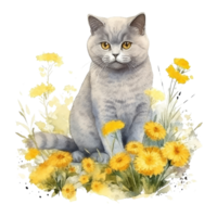 Watercolor painting of British Shorthair Cat isolated transparent background, Digital art, image file format, png