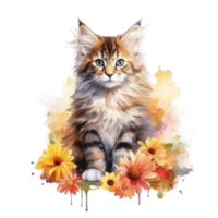 Watercolor painting of Cute Maine Coon Kitten isolated transparent background, Digital art, image file format, png