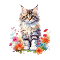 Watercolor painting of Cute Maine Coon Kitten isolated transparent background, Digital art, image file format, png