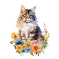 Watercolor painting of Maine Coon Cat isolated transparent background, Digital art, image file format, png