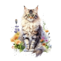 Watercolor painting of Maine Coon Cat isolated transparent background, Digital art, image file format, png