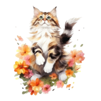 Watercolor painting of Maine Coon Cat isolated transparent background, Digital art, image file format, png