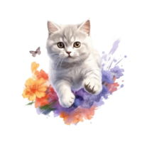 Watercolor painting of cute British Shorthair Kitten isolated transparent background, Digital art, image file format, png