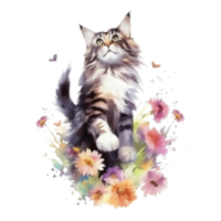 Watercolor painting of Maine Coon Cat isolated transparent background, Digital art, image file format, png