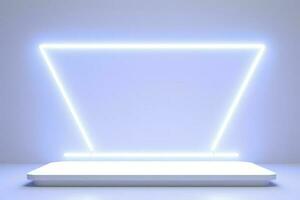 Realistic podium display with neon white lights, Product display background with light frame, White prodium product display with light effect, neon lights background, generate ai photo