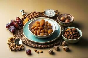 Eid al-Fitr holiday concept with sweet dried dates, fruits and decorations on bright background. Top view from above, generate ai photo