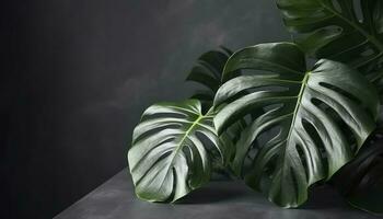 Tropical palm monstera leaves isolated on gray table background. , generate ai photo