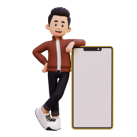 3d masculino personaje tendido en un grande inteligente teléfono con vacío pantalla png