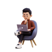 3d male character sitting on a sofa and working on a laptop with thinking pose png