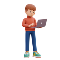 3d male character standing confused working on a laptop png