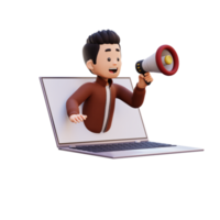 3d male character jumping out from computer screen and holding a megaphone png