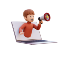 3d male character jumping out from computer screen and holding a megaphone png
