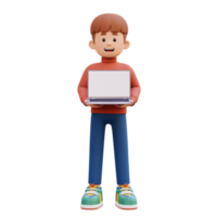 3d male character holding and presenting a laptop with empty screen png