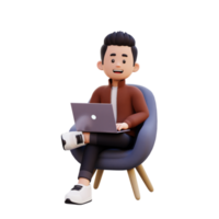 3d male character sitting on a sofa and working on a laptop png