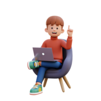 3d masculino personagem pegue a idéia enquanto sentado em uma sofá e trabalhando em uma computador portátil png