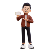 3d male character holding and presenting to a smart phone with empty screen in landscape png