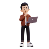 3d male character thinking and working on a laptop png