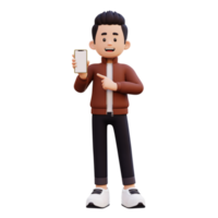 3d male character holding and pointing to a smart phone with empty screen png