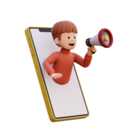 3d male character jumping out from smart phone screen and holding a megaphone png