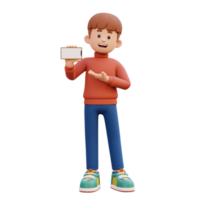 3d male character holding and presenting to a smart phone with empty screen in landscape png