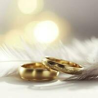 dos dorado Boda anillos y pluma - ligero suave antecedentes , generar ai foto