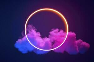 3d render, abstract cloud illuminated with neon light ring on dark night sky. Glowing geometric shape, round frame, generate ai photo