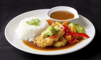 Rice with Sweet and Sour Dorry Fish also Healthy Vegetables, generate ai photo