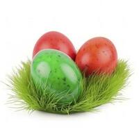 Easter eggs in green grass isolated on white background, generate ai photo