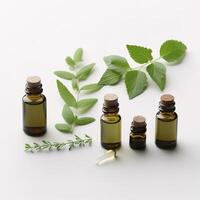 Herb essential oil aroma bootle and leaf , photo