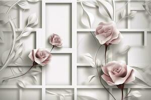 3d classic wallpaper. rose flowers on a light gray background with squares and wavy shapes. for wall home decor, generate ai photo