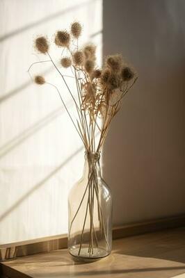 Dried meadow grass bouquet in clear glass bottle aesthetic sun light  shadows on neutral wall, minimalist floral interior design , generate ai  24356589 Stock Photo at Vecteezy