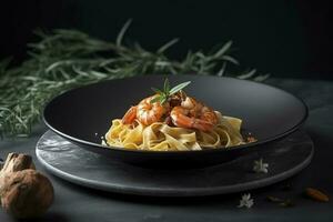 Traditional Italian tagliatelle ai gamberoni pasta with king prawns and herbs served as close-up on a design plate with copy space, generate ai photo