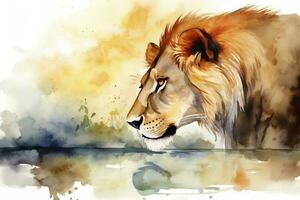 A lion drinking from a river at sunset watercolor painting, beautiful natural forms, crisp clean shapes, colorful, white background , generate ai photo