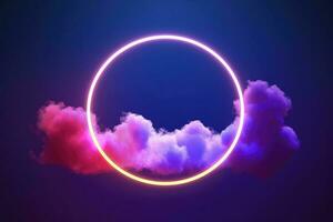3d render, abstract cloud illuminated with neon light ring on dark night sky. Glowing geometric shape, round frame, generate ai photo