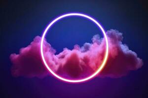 3d render, abstract cloud illuminated with neon light ring on dark night sky. Glowing geometric shape, round frame, generate ai photo