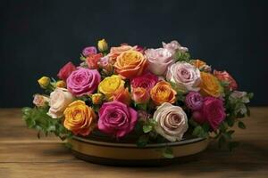 vistoso primavera flor arreglo con rosas, francés texto merci medio gracias usted , generar ai foto