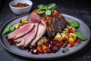 Traditional roasted Italian panettone tagliata di manzo with sliced beef steak and vegetables served close-up on a Nordic design plate, generate ai photo