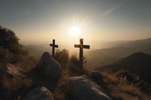 Three cross on the mountain with sun light, belief, faith and spirituality, crucifixion and resurrection of Jesus Christ at Easter, photo