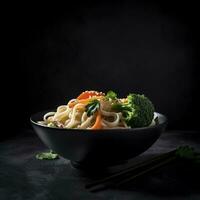 Udon stir fry noodles with chicken and vegetables on black background. hot wok with chicken steaming over plate, generate ai photo