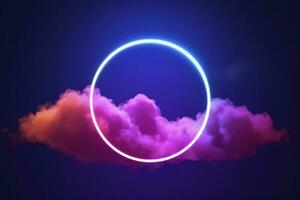 3d render, abstract cloud illuminated with neon light ring on dark night sky. Glowing geometric shape, round frame, generate ai photo