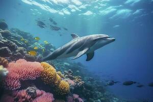 delfines nadando en el submarino, hermosa submarino y vistoso coral en el salvaje naturaleza de el Pacífico océano, generar ai foto