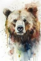Watercolor bear painting painting stylized paint wallpaper minimalism brown bear landscape summer stones, generate ai photo