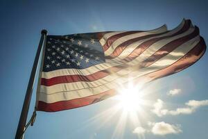 Backlit us national flag flying and waving in the wind over gray stormy cloudy sky, symbol of american patriotism, low angle, generate ai photo