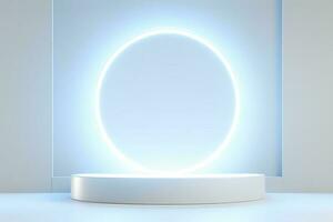 Abstract 3D silver cylinder pedestal podium floating on air with glowing neon ring background. Silver wall scene for product display presentation. rendering geometric platform, generate ai photo
