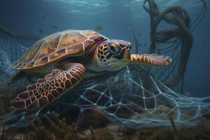 AI illustration of a turtle caught with fishing net. The concept of environmental protection. Sea, ocean turtle need to be freed from fishing nets. No to Dead turtles. photo