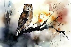An owl perched on a tree branch in the moonlight watercolor painting, beautiful natural forms, crisp clean shapes, colorful, white background, generate ai photo