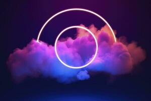 3d render, abstract cloud illuminated with neon light ring on dark night sky. Glowing geometric shape, round frame, generate ai photo