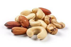 Cashew nuts, almond, hazelnut and blanched peanuts isolated on white background, generate ai photo