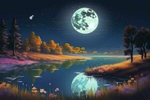 night landscape environment harvest moon over a glittering lake lush vegetation birchwood trees, flowers, magical galaxy. 3d drawing digital art, generate ai photo