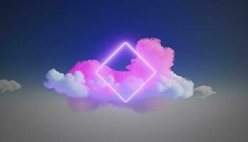 3d render, abstract minimal background with pink blue yellow neon light square frame with copy space, illuminated stormy clouds, glowing geometric shape, generate ai photo